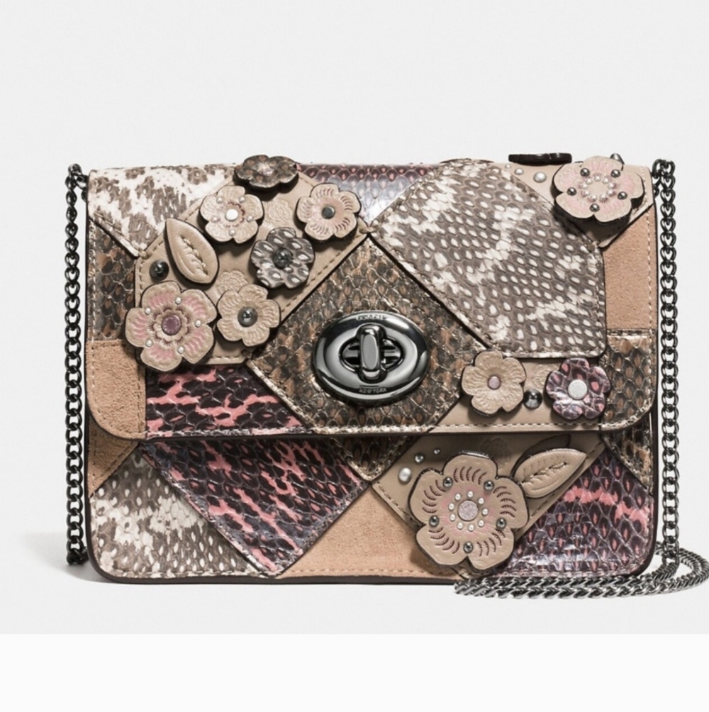 Coach Bowery Tearose Snakeskin Leather Patchwork Bag